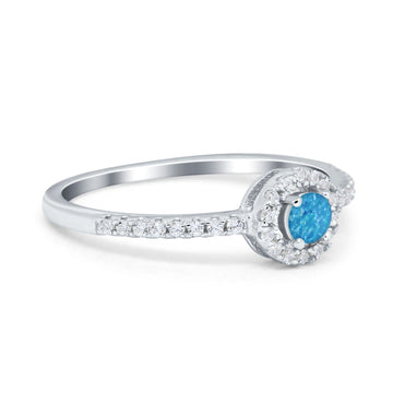 Petite Dainty Halo Ring Round Lab Created Blue Opal 925 Sterling Silver